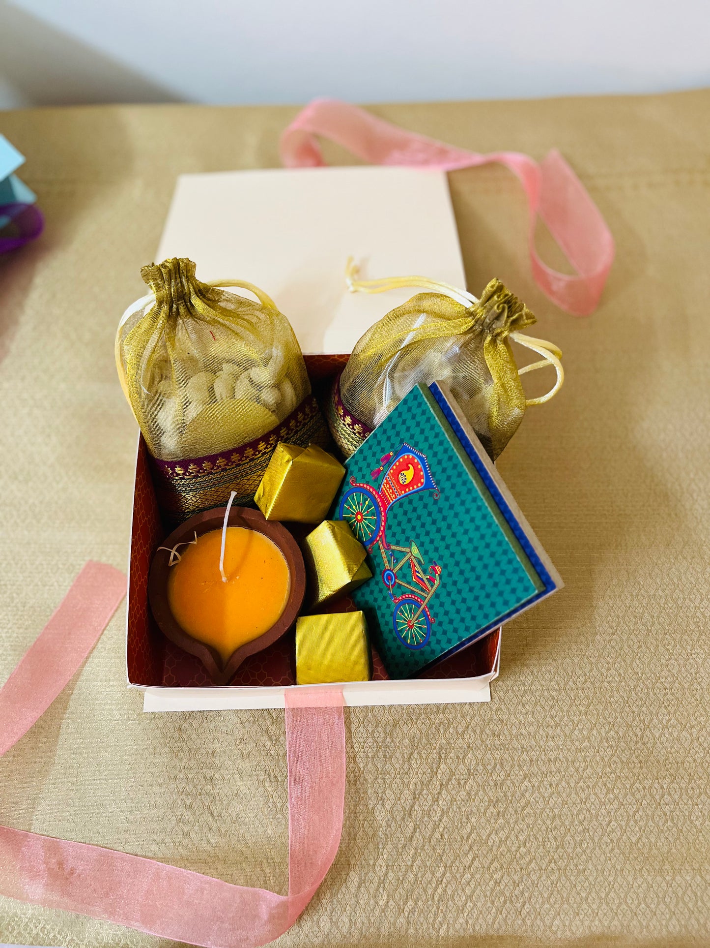 Diwali Handmade Gift Box – Nuts, Candle, Coasters & Homemade Sweets