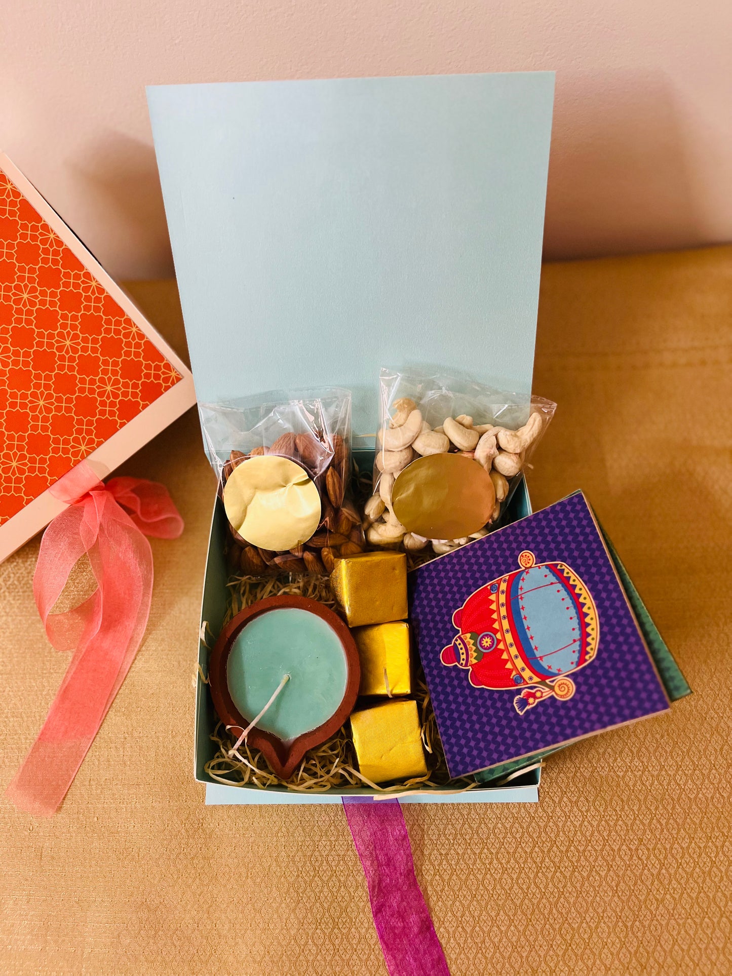 Diwali Handmade Gift Box – Nuts, Candle, Coasters & Homemade Sweets - Teal