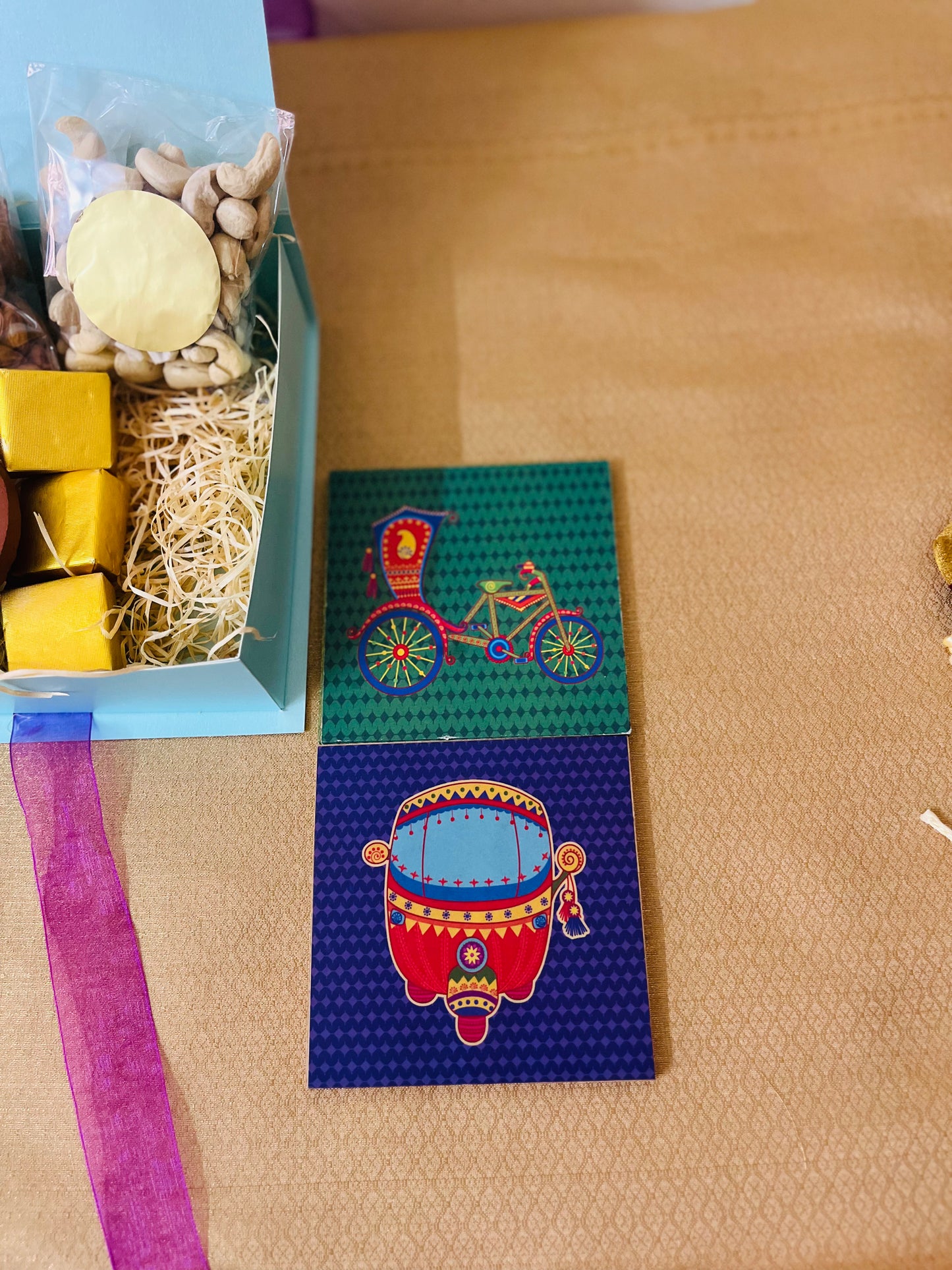 Diwali Handmade Gift Box – Nuts, Candle, Coasters & Homemade Sweets - Teal
