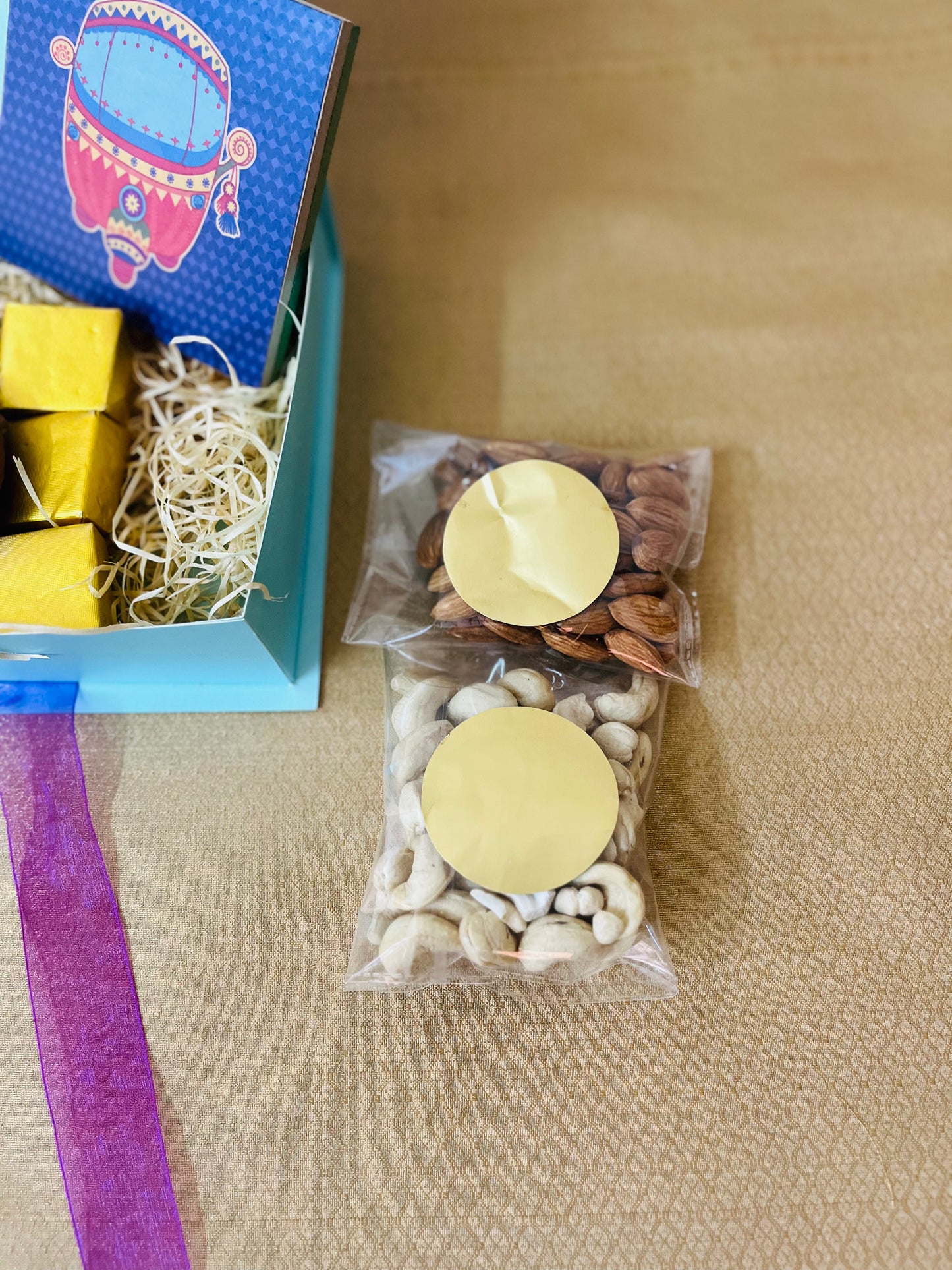 Diwali Handmade Gift Box – Nuts, Candle, Coasters & Homemade Sweets - Teal