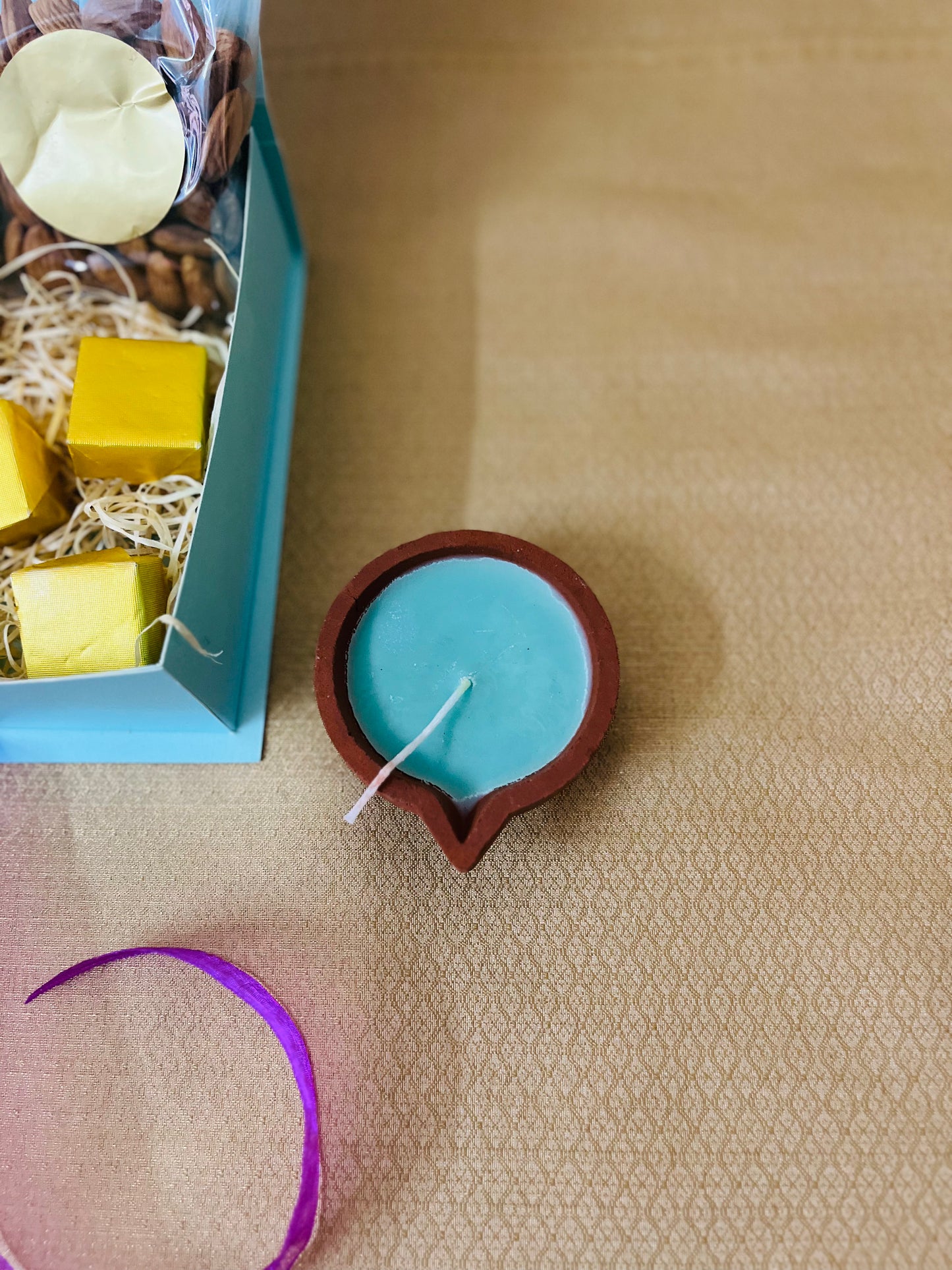 Diwali Handmade Gift Box – Nuts, Candle, Coasters & Homemade Sweets - Teal