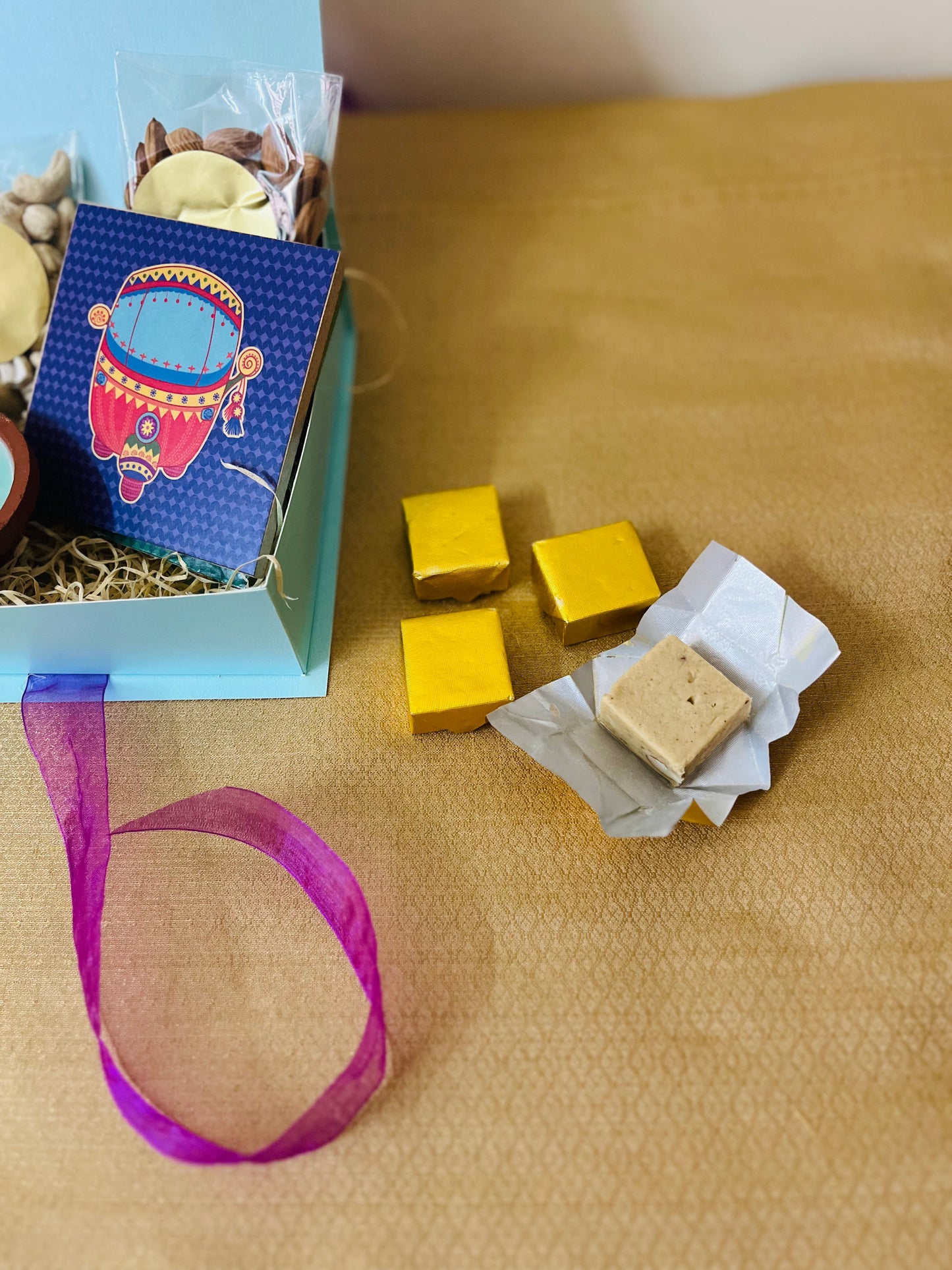 Diwali Handmade Gift Box – Nuts, Candle, Coasters & Homemade Sweets - Teal