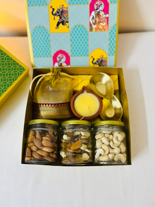 Diwali Premium Handmade Gift Box – Nuts, Candles, Brass Diyas & Mysorepak