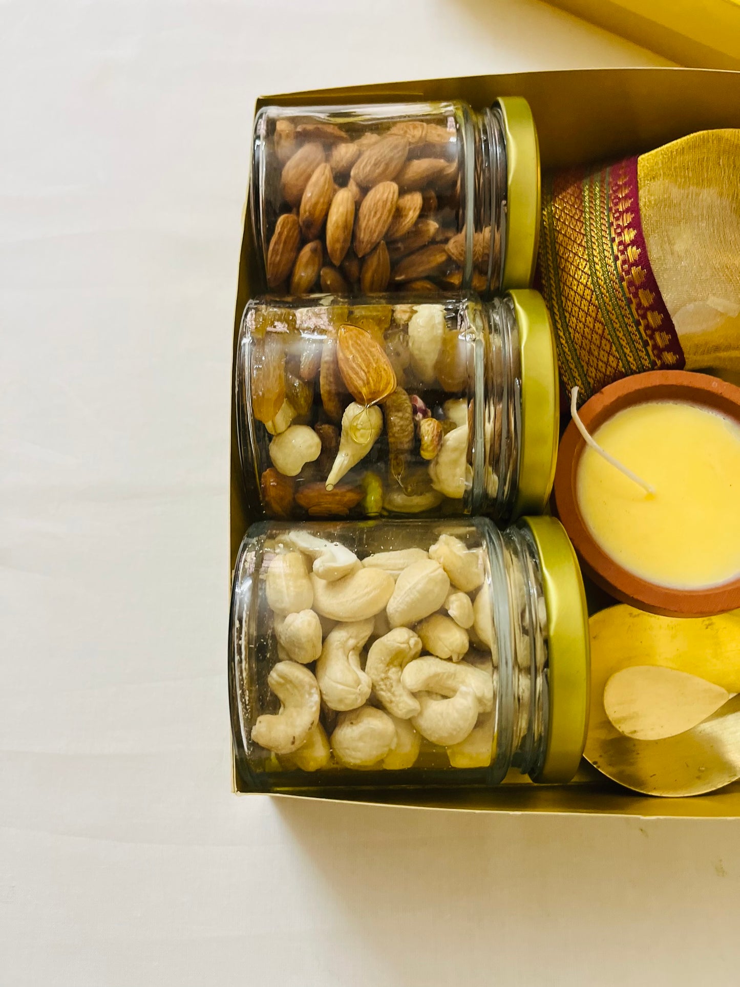 Diwali Premium Handmade Gift Box – Nuts, Candles, Brass Diyas & Mysorepak
