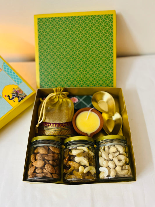 Diwali Premium Handmade Gift Box – Nuts, Candles, Brass Diyas & Mysorepak- Green