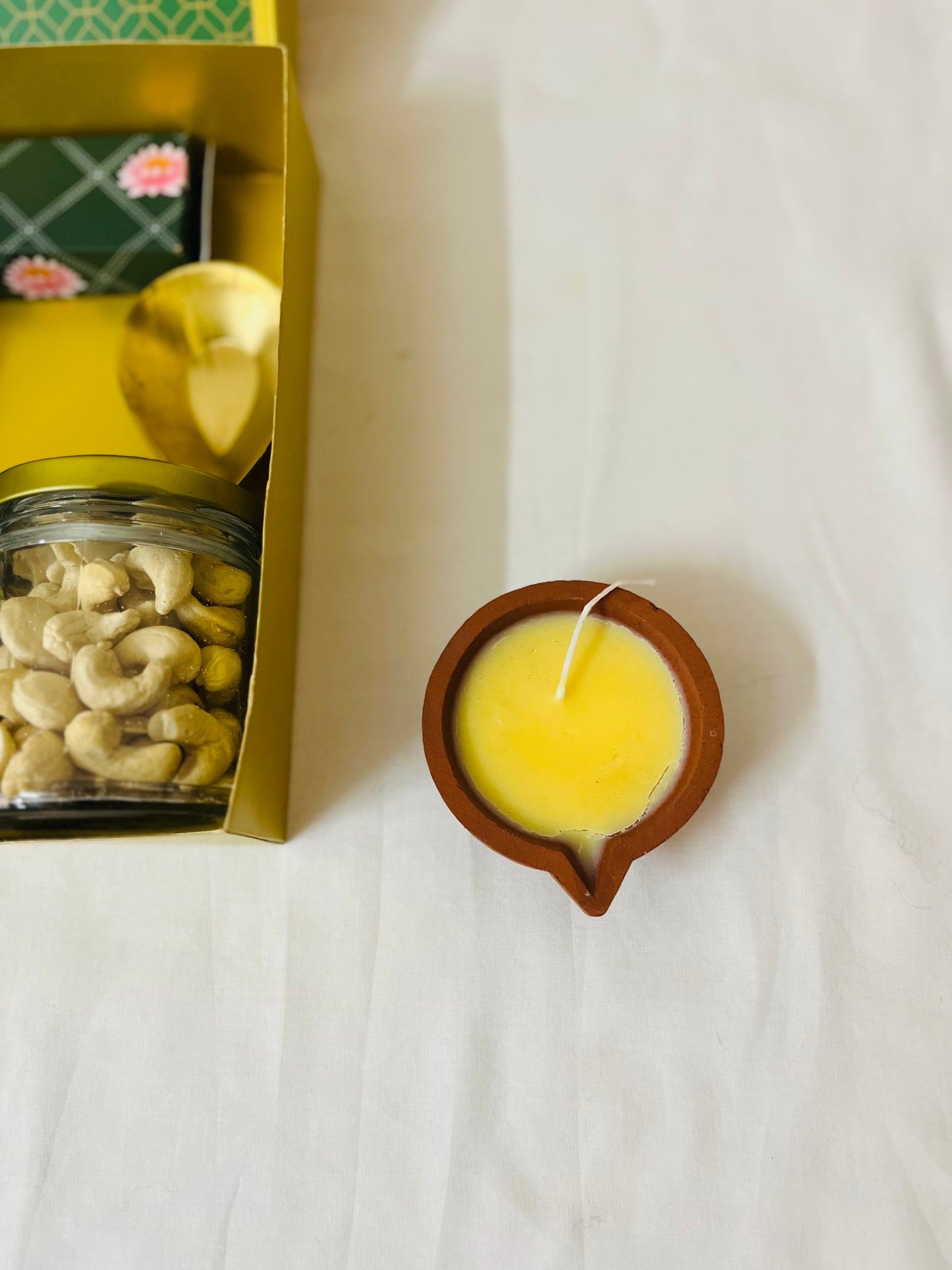 Diwali Premium Handmade Gift Box – Nuts, Candles, Brass Diyas & Mysorepak- Green