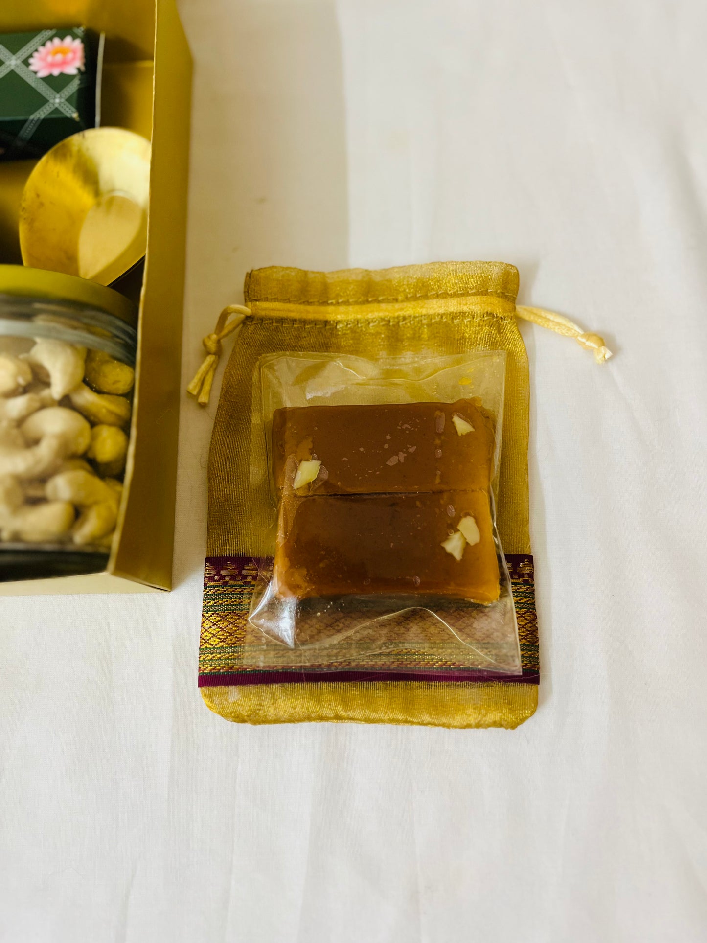 Diwali Premium Handmade Gift Box – Nuts, Candles, Brass Diyas & Mysorepak- Green