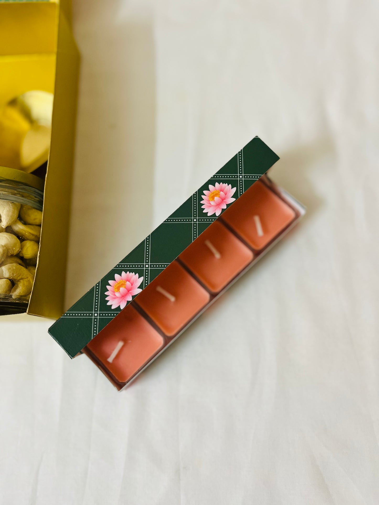 Diwali Premium Handmade Gift Box – Nuts, Candles, Brass Diyas & Mysorepak- Green