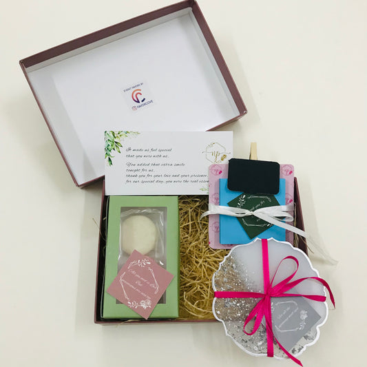 Hamper Box – Macarons, Resin Coaster & Sticky Note Pad