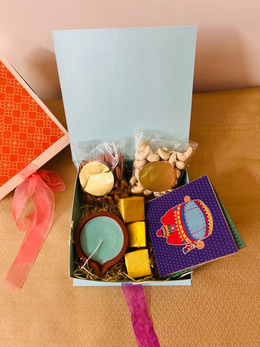 Diwali Handmade Gift Box – Nuts, Candle, Coasters & Homemade Sweets - Teal