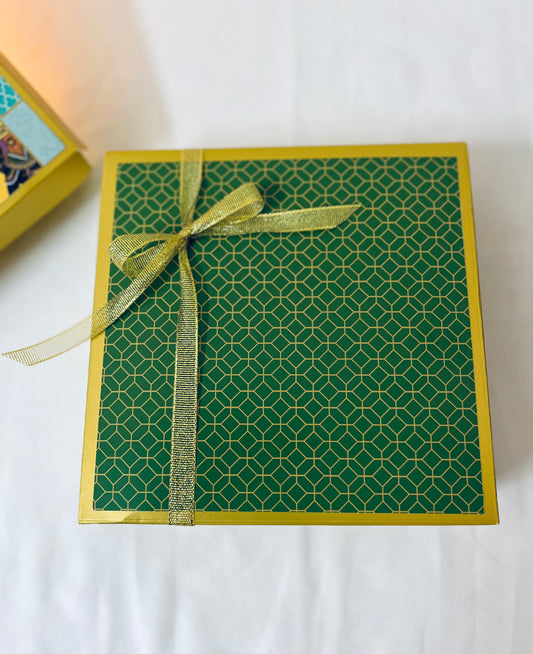 Diwali Premium Handmade Gift Box – Nuts, Candles, Brass Diyas & Mysorepak- Green